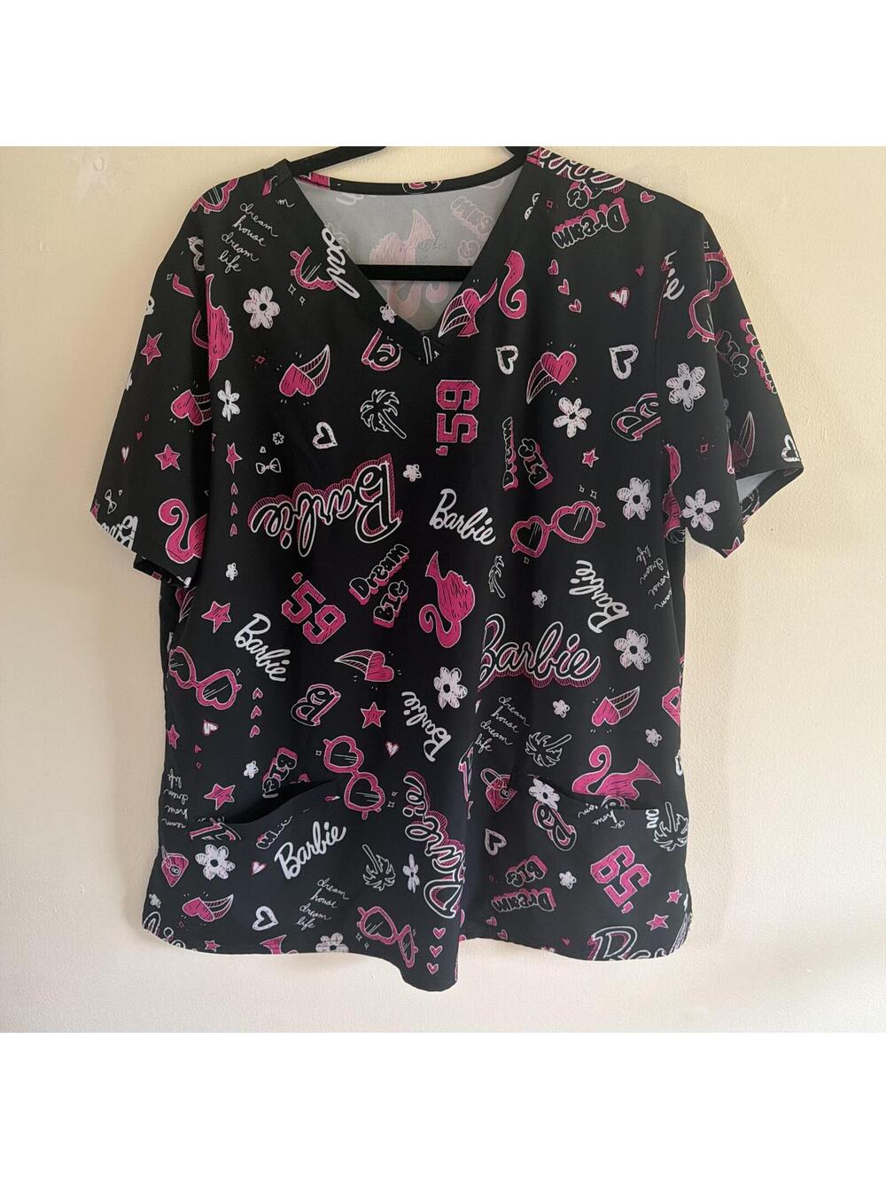 Barbie Pink Black Scrub Top XL